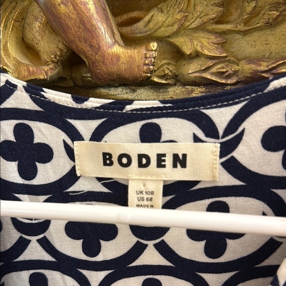 Boden Navy and White Patterned Dress with fit and flare cut.  Figure flattering